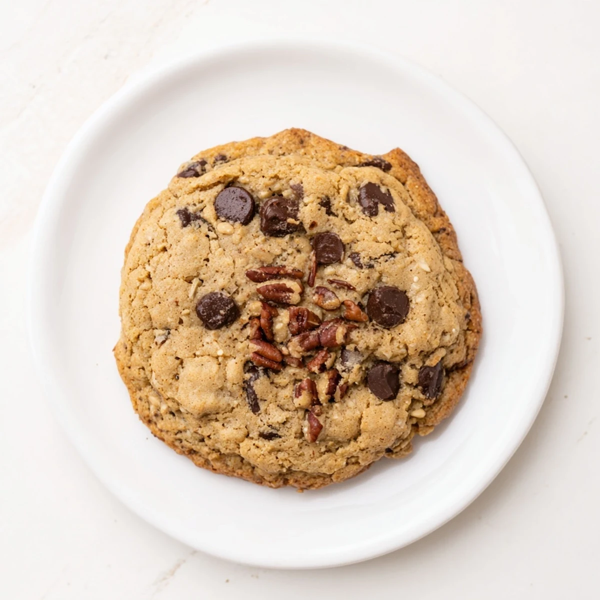 Warm chocolate chips glisten on top of chewy protein chocolate chip cookies, inviting you to enjoy this snack.