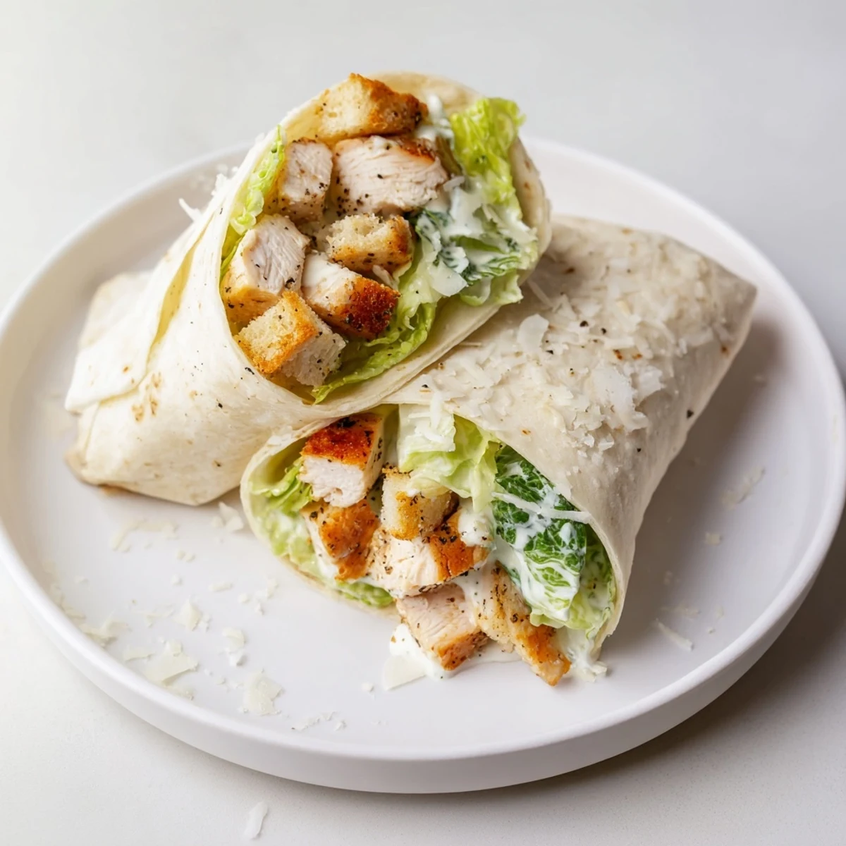 A close-up of a Chicken Caesar Wrap: warm tortilla filled with salad and chicken; a perfect bite.