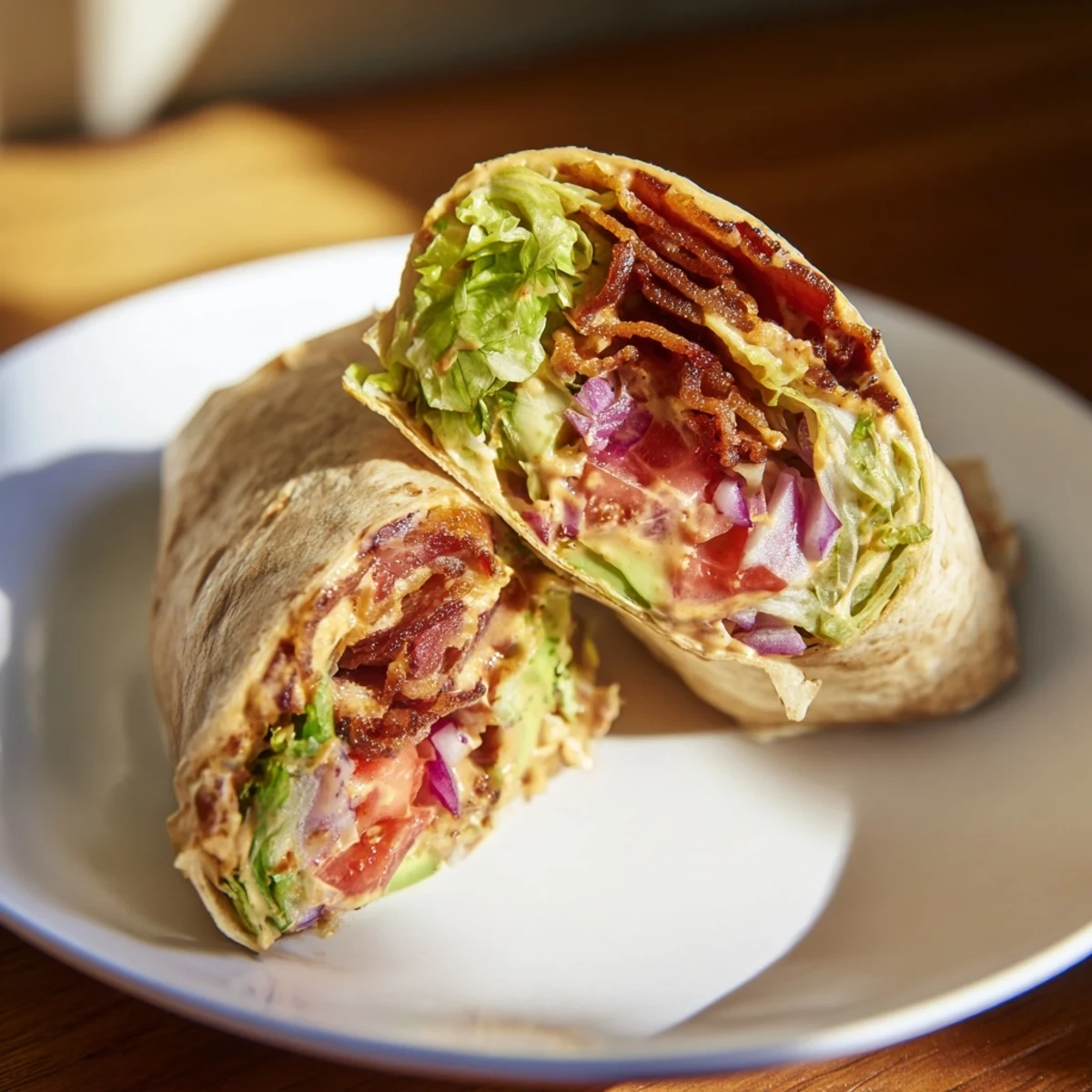 Perfectly rolled Zesty BLT Wraps ready to serve, showcasing the fresh, appealing filling inside.