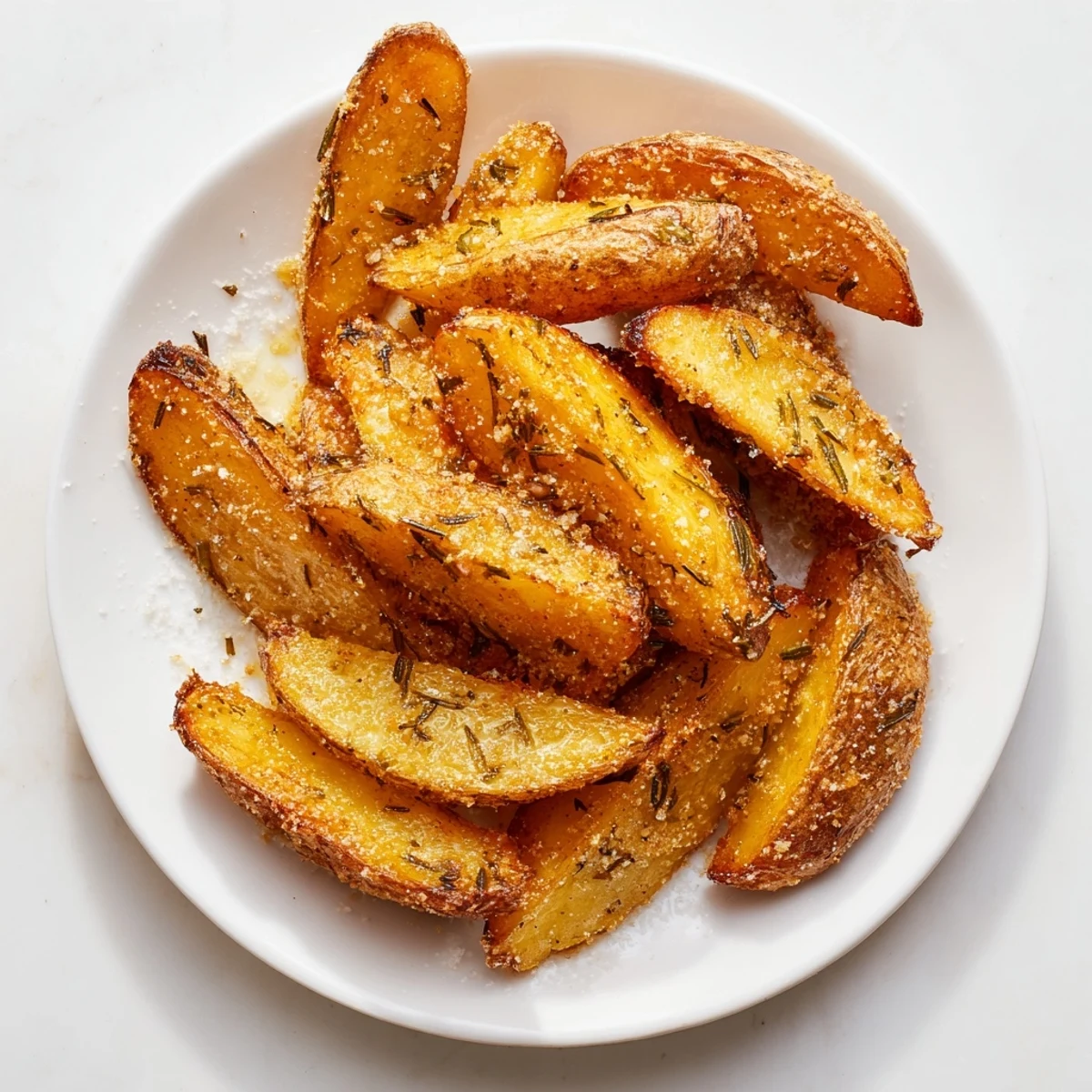 Golden, herb-covered Quick Rosemary Roast Potato Wedges, ready to eat after a perfect oven roast.