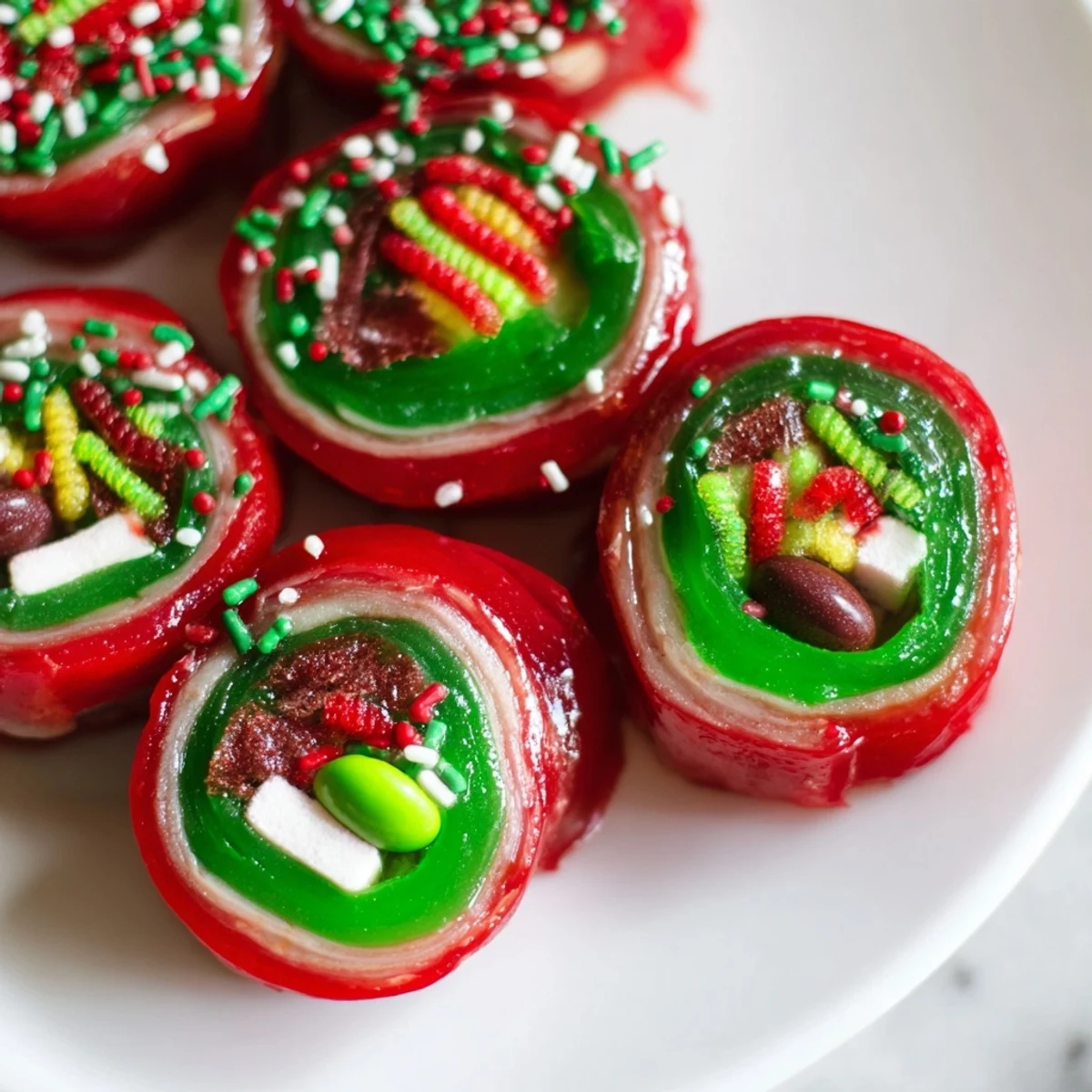 Festive Easy Christmas Fruit Rollup Sushi with colorful candies and chewy textures, ready to eat.