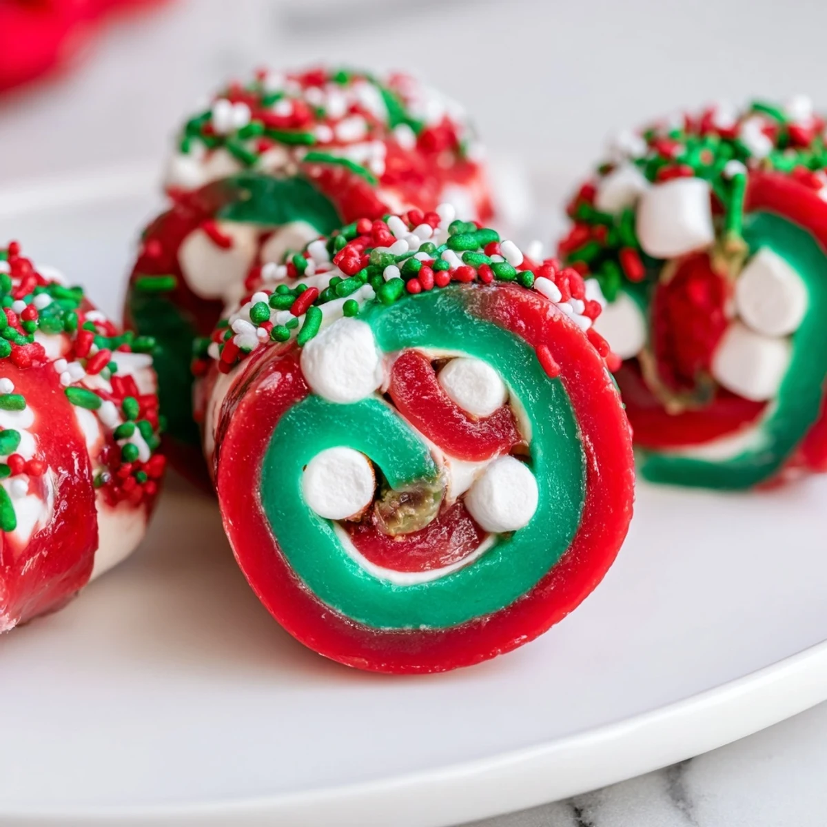 Sweet and vibrant display of Easy Christmas Fruit Rollup Sushi, a holiday dessert perfect for kids.