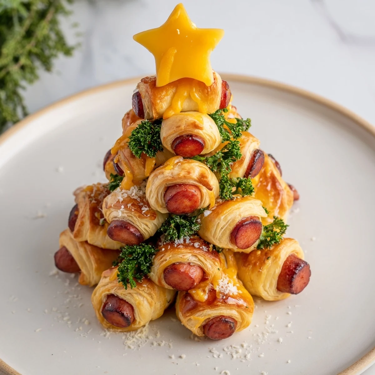 Enjoy a holiday gathering with the delicious Express Pigs in Blanket Christmas Tree, served with dipping sauce.