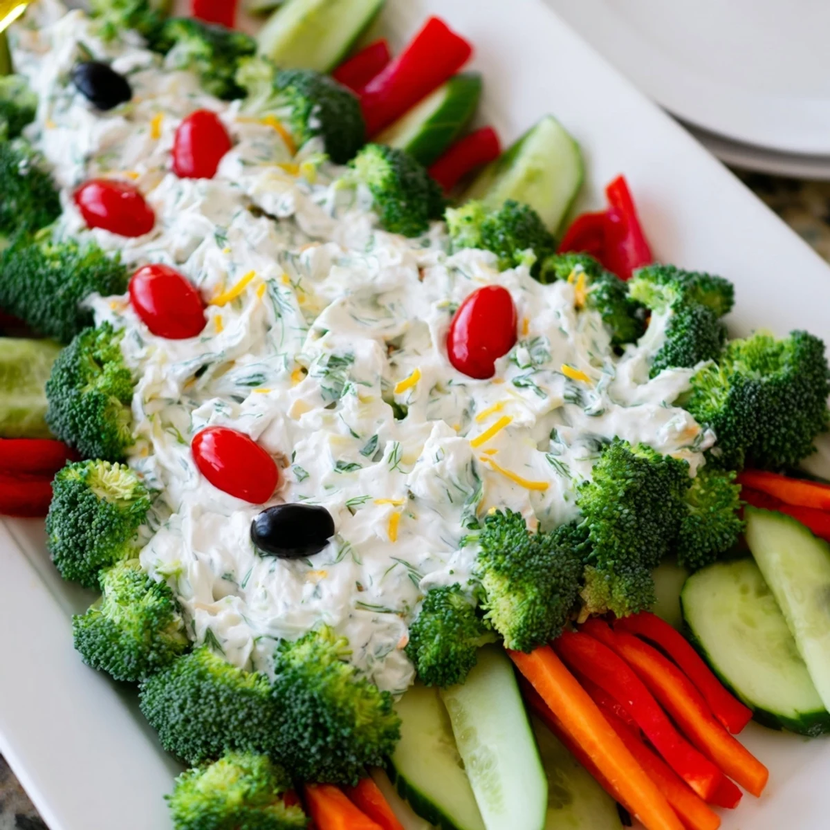 Vibrant Christmas Tree Dip, surrounded by fresh vegetable "ornaments" perfect for holiday snacking.