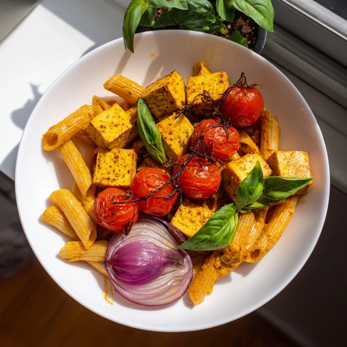 A close-up of creamy vegan baked tofu feta pasta, showcasing the vibrant, saucy ingredients.