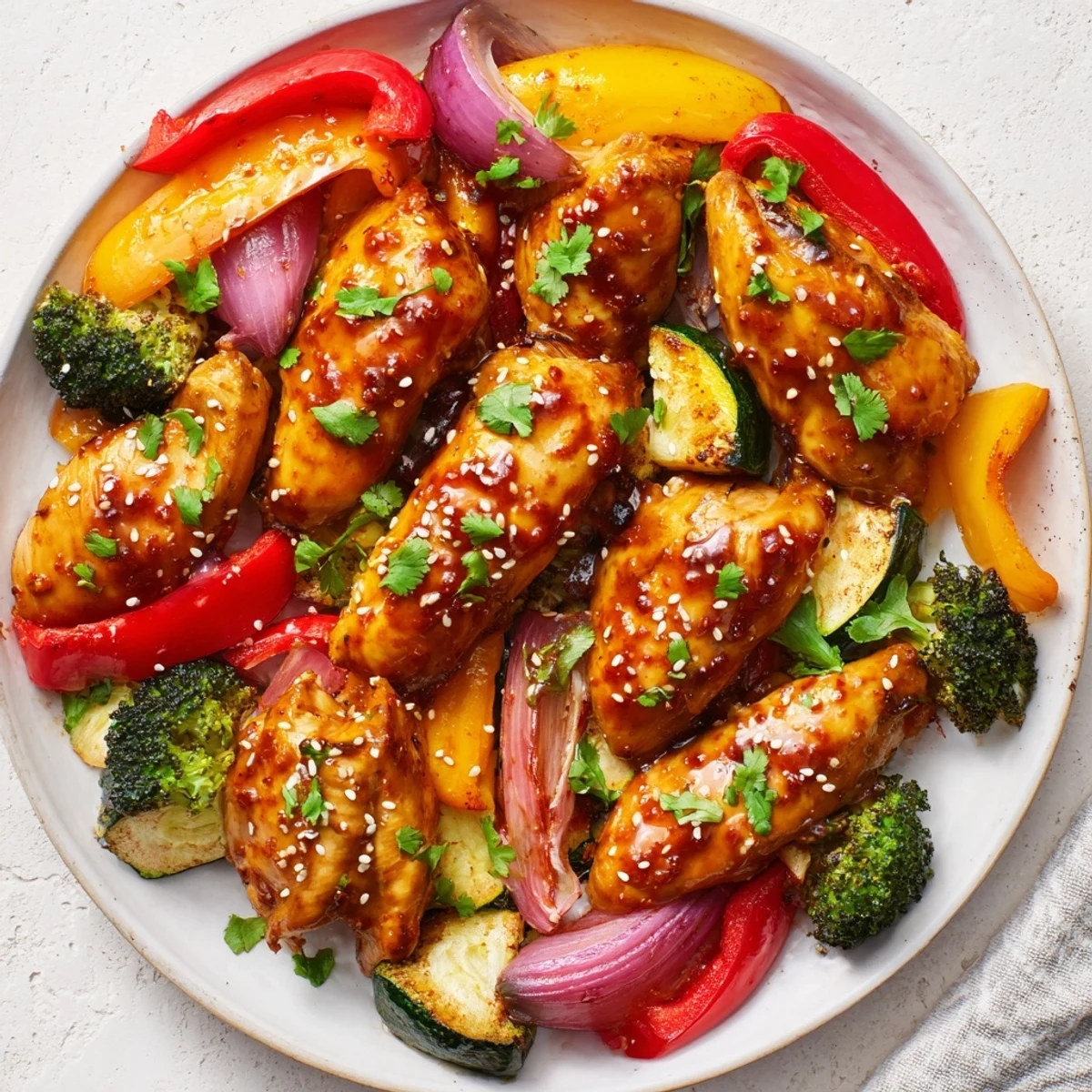 Spicy Honey-Garlic Chicken Sheet Pan, a delicious blend of roasted chicken and colorful vegetables.