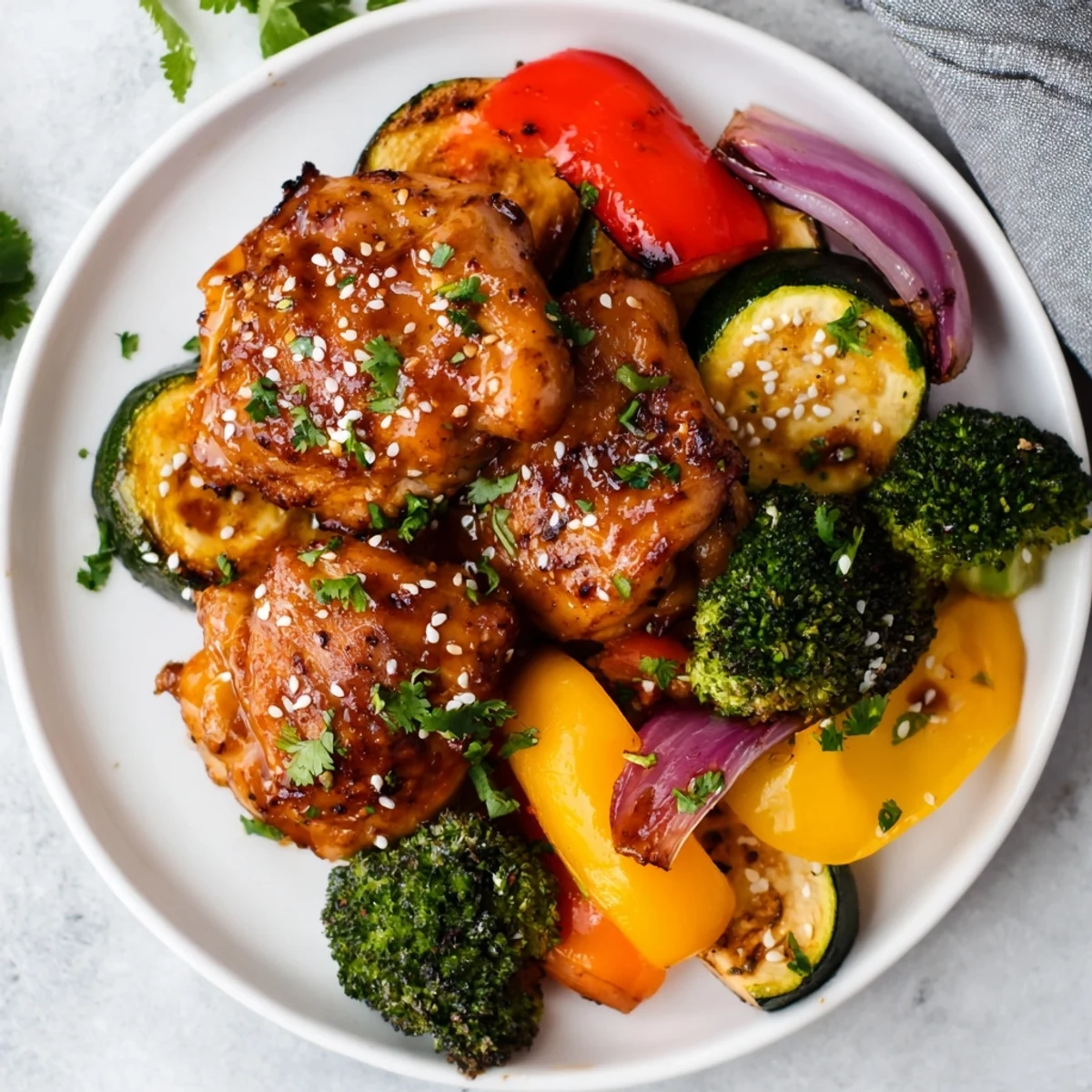Enjoy savory Spicy Honey-Garlic Chicken Sheet Pan with golden chicken and beautifully roasted vegetables.
