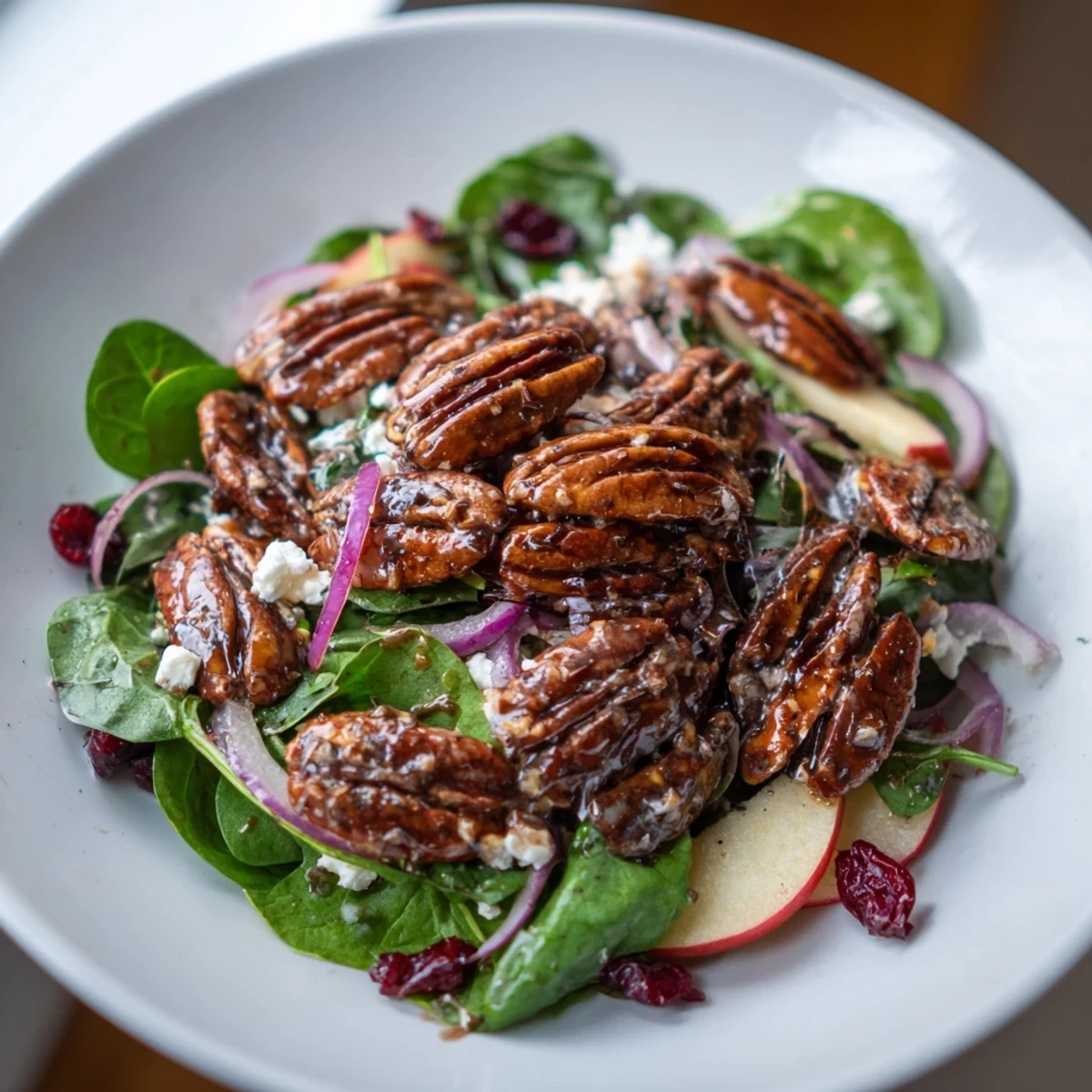 A close-up view of the Gingerbread Spiced Candied Pecan Salad showcases crunchy pecans and creamy goat cheese.