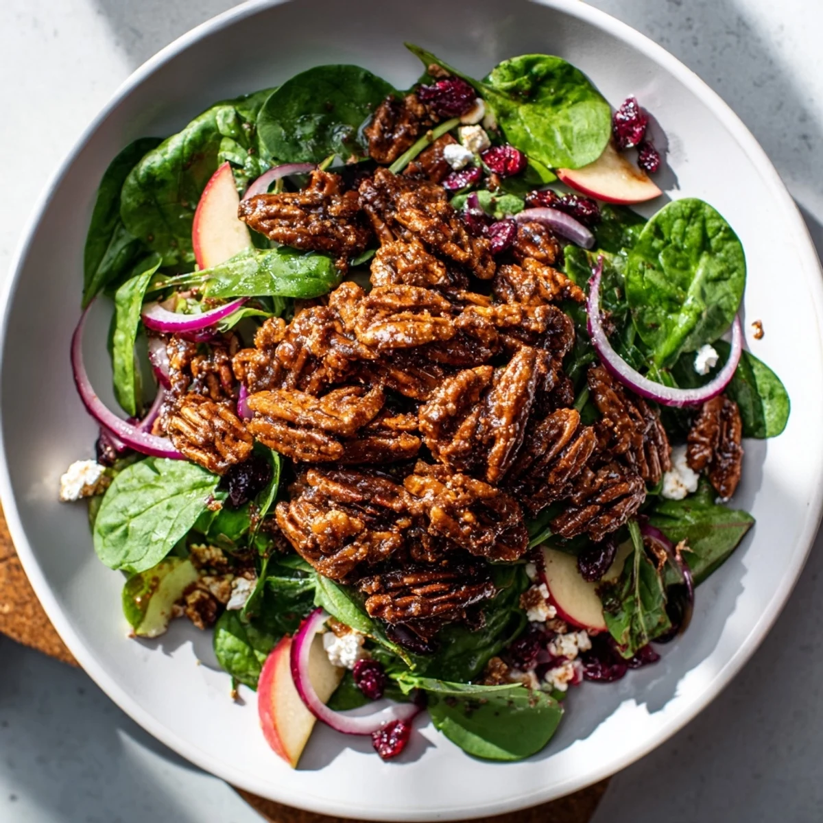 Gingerbread spiced candied pecan salad bursting with vibrant greens, textures, and a delicious maple-balsamic dressing.