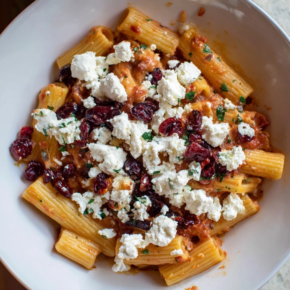 Imagine a warm, enticing Cranberry-Sage Feta Pasta Bake, glistening with melted cheese and cranberries.