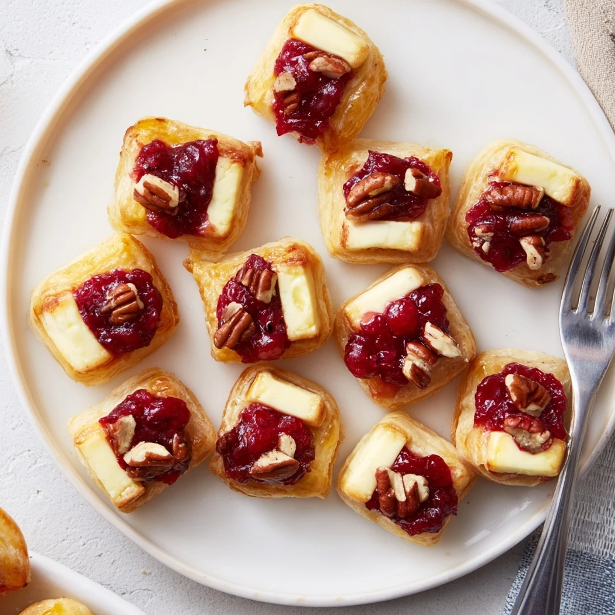 Express Cranberry Sauce Brie Bites, golden and bubbly, perfect for holiday snacking with melted cheese.