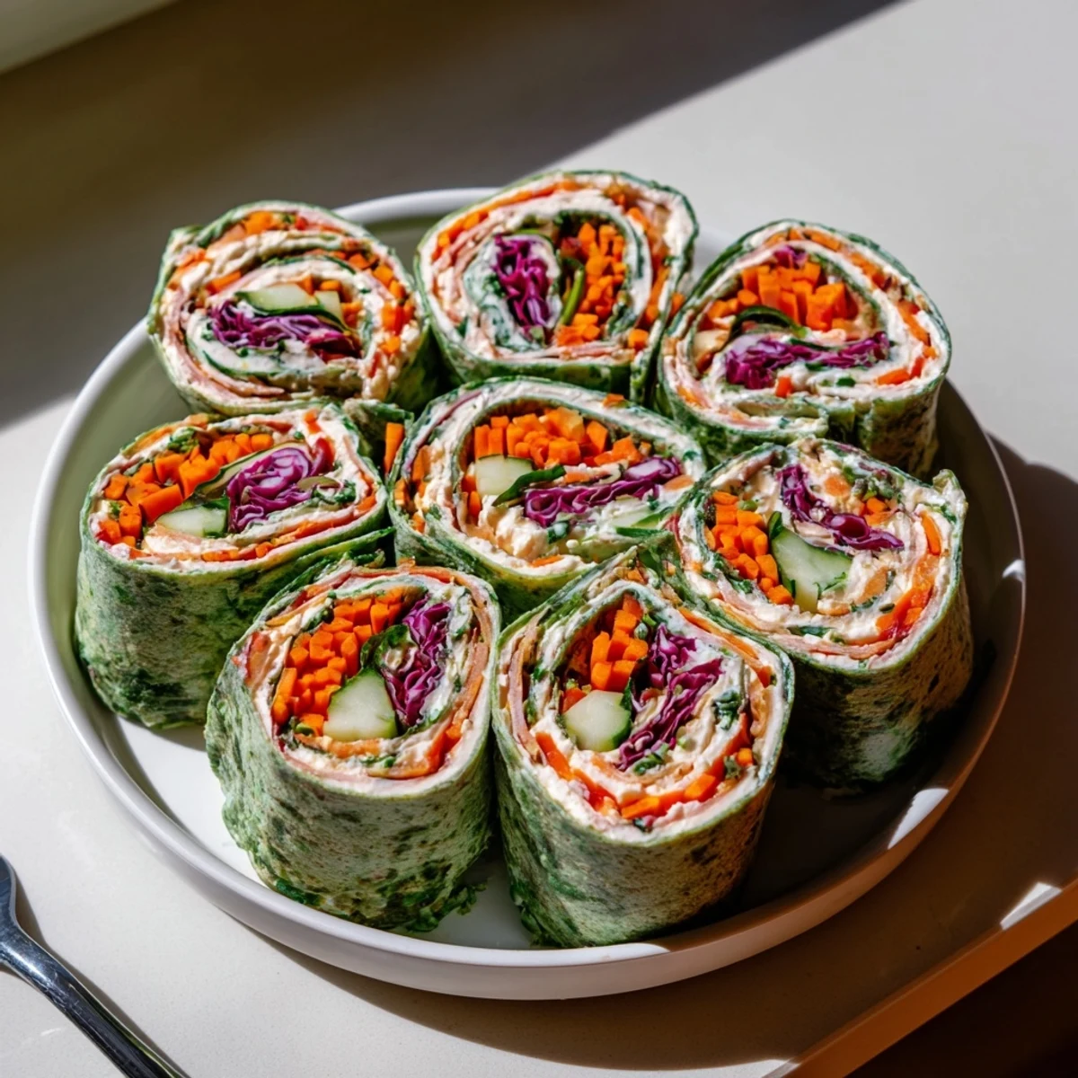 Close-up of vibrant Rainbow Veggie Christmas Lights Wrap Pinwheels, with fresh chopped herbs garnishing the platter.