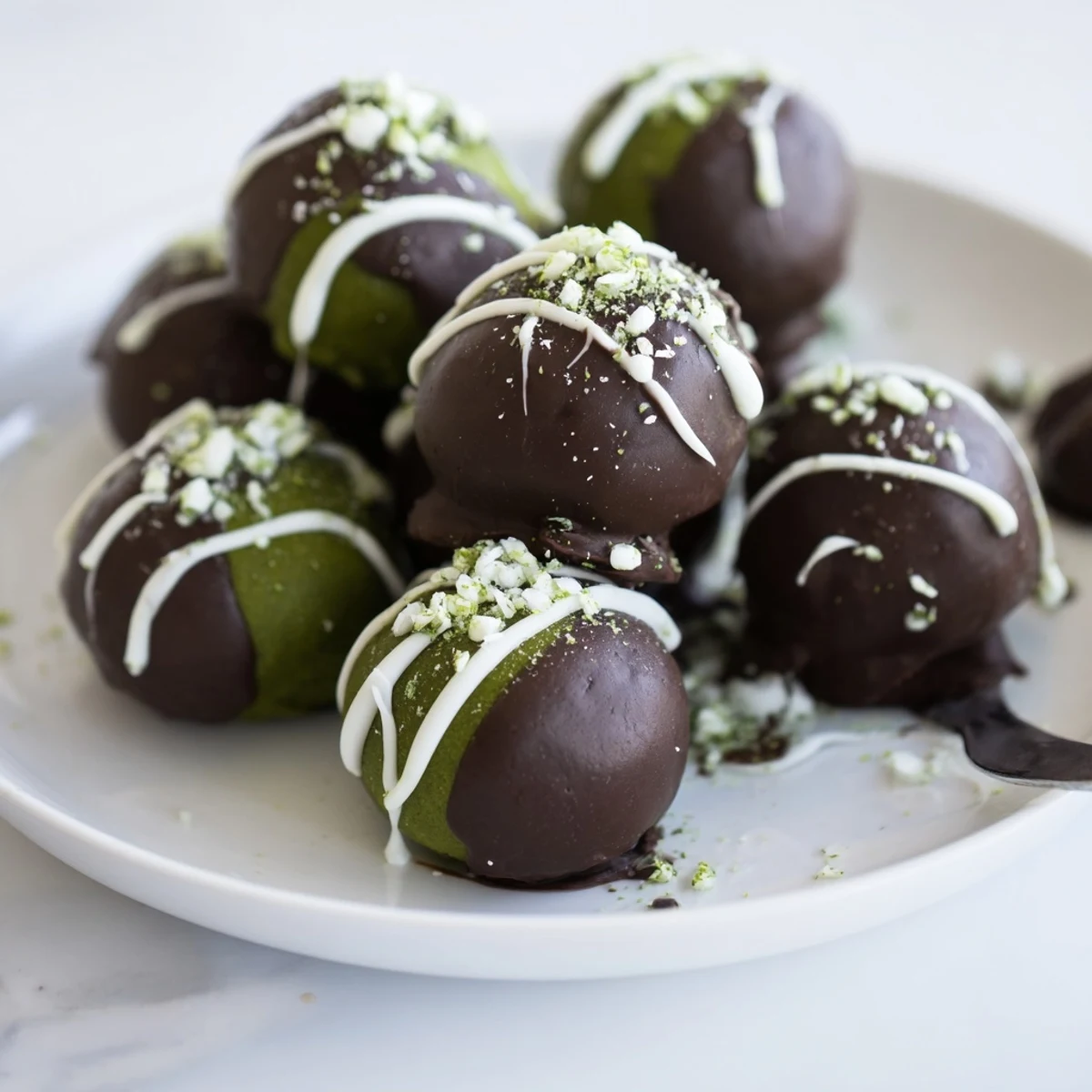 Decadent Matcha Dark Chocolate Peppermint Truffles, rolled in green matcha powder, ready to enjoy.