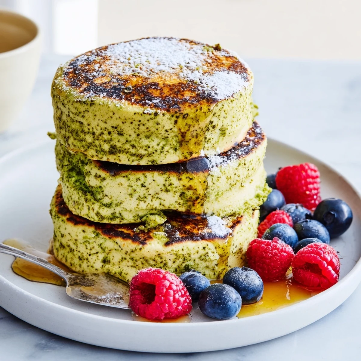 Close-up view of fluffy Egg White Gingerbread Matcha Soufflé Pancakes, dusted with powdered sugar and ready to enjoy.