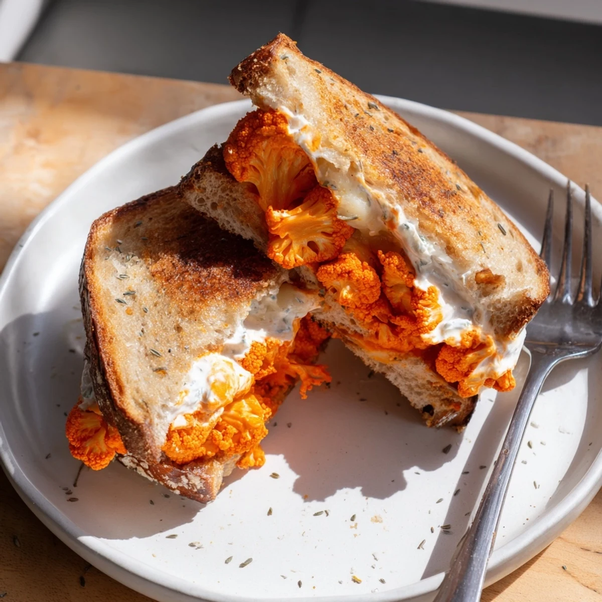 A close-up of a Buffalo cauliflower ranch grilled cheese, oozing with flavorful, melted cheese and buffalo sauce.