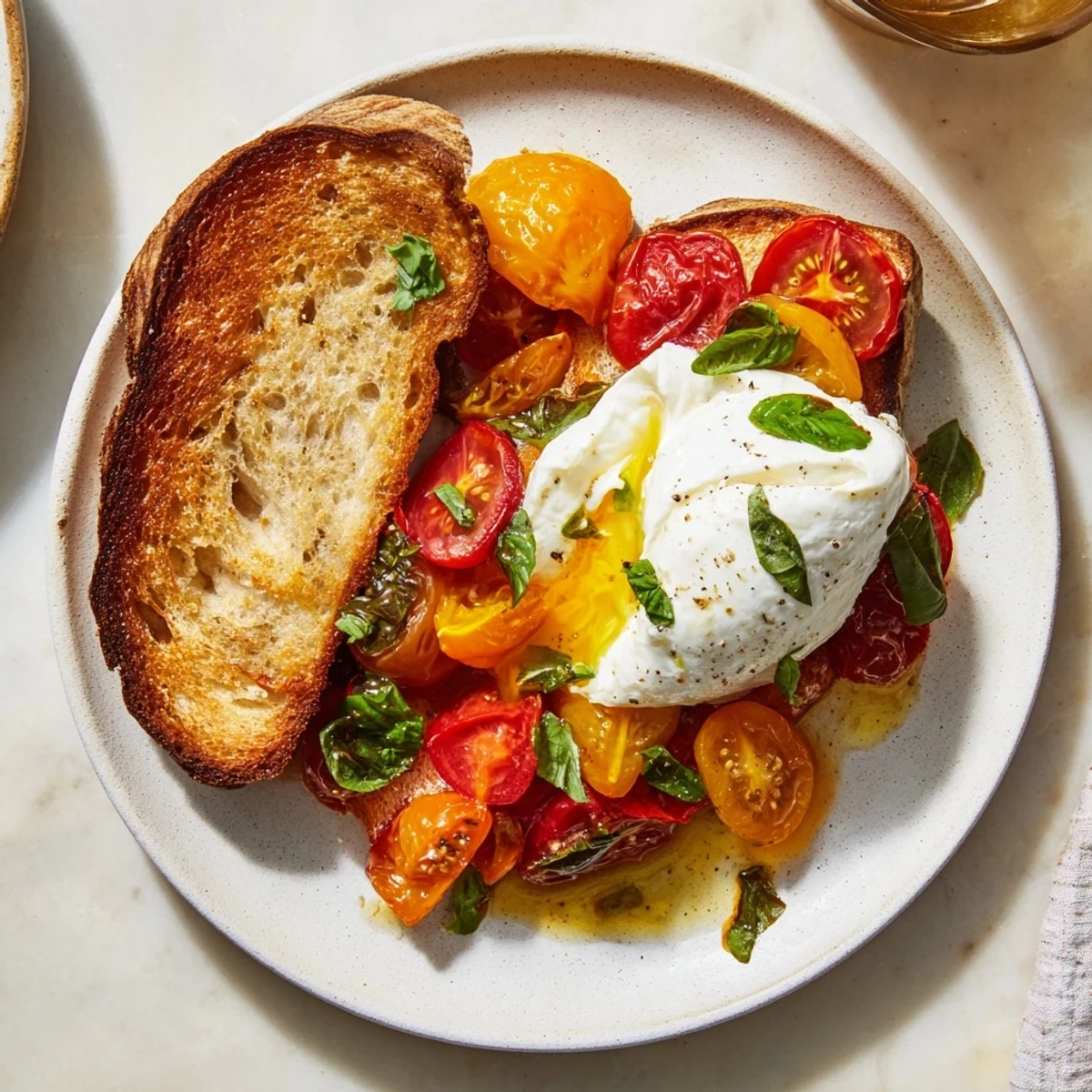 Golden, toasted Tomato Basil Burrata Stuffed Grilled Cheese oozes creamy cheese in this satisfying sandwich.