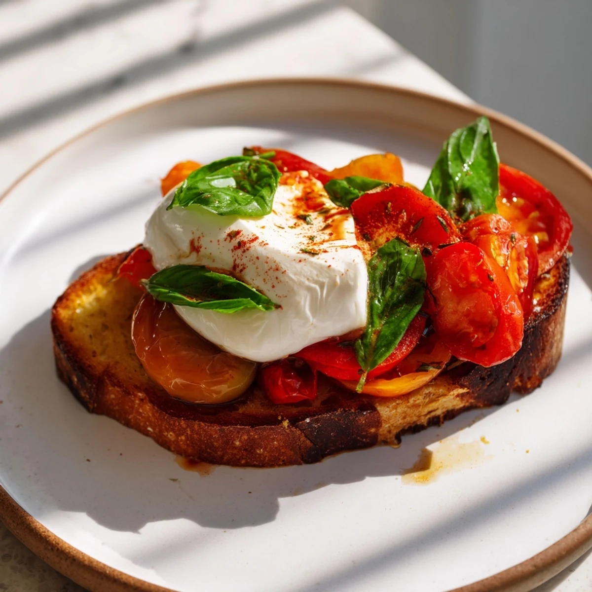 Fresh basil and ripe tomatoes enhance this Tomato Basil Burrata Stuffed Grilled Cheese's rich, buttery flavor profile.
