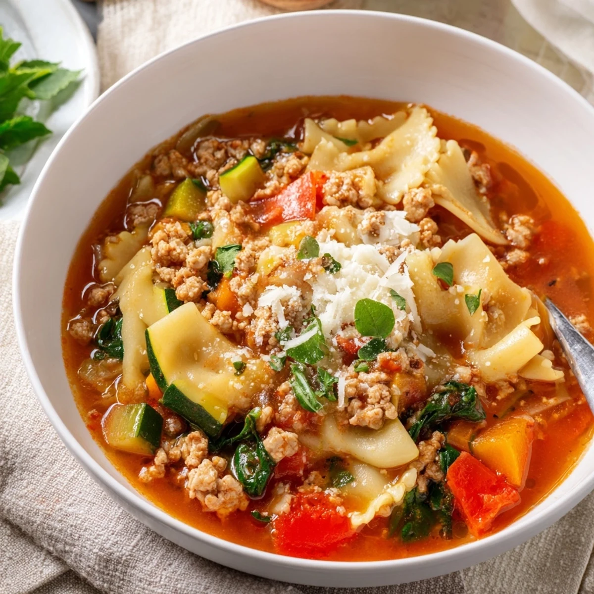 Close-up of a rustic bowl of Healthy Lasagna Soup, loaded with vegetables and tender pasta.