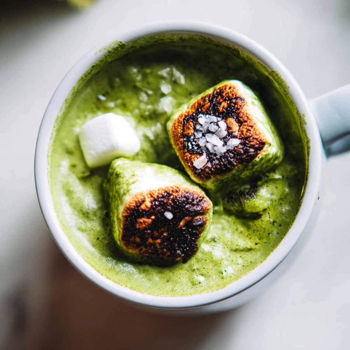 Warm, smoky toasted marshmallows top the vibrant green toasted marshmallow campfire matcha hot cocoa, perfect for chilly evenings.