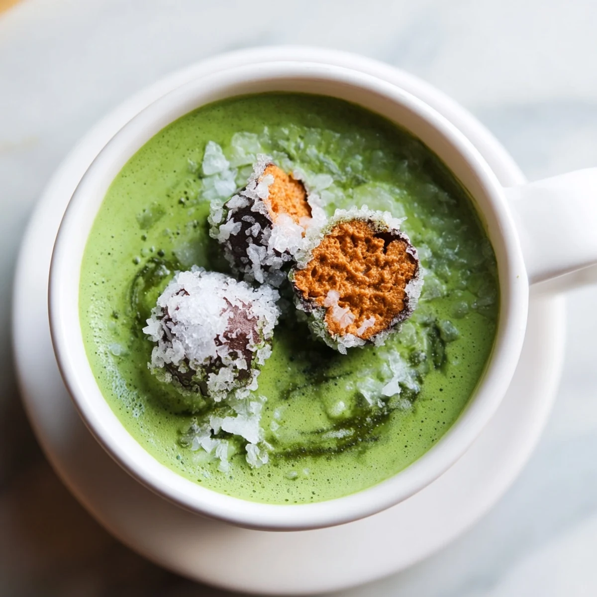 A mug overflowing with toasted marshmallow campfire matcha hot cocoa, a deliciously creamy drink.