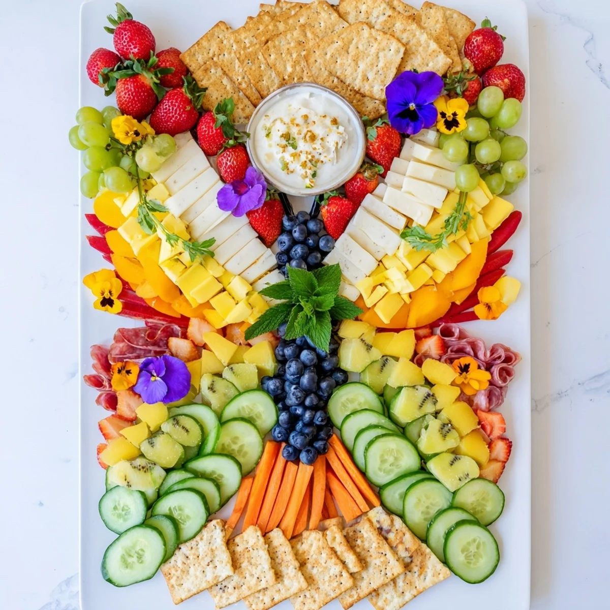 A gorgeous Butterfly Summer Board featuring a beautiful array of fresh ingredients for a picnic.