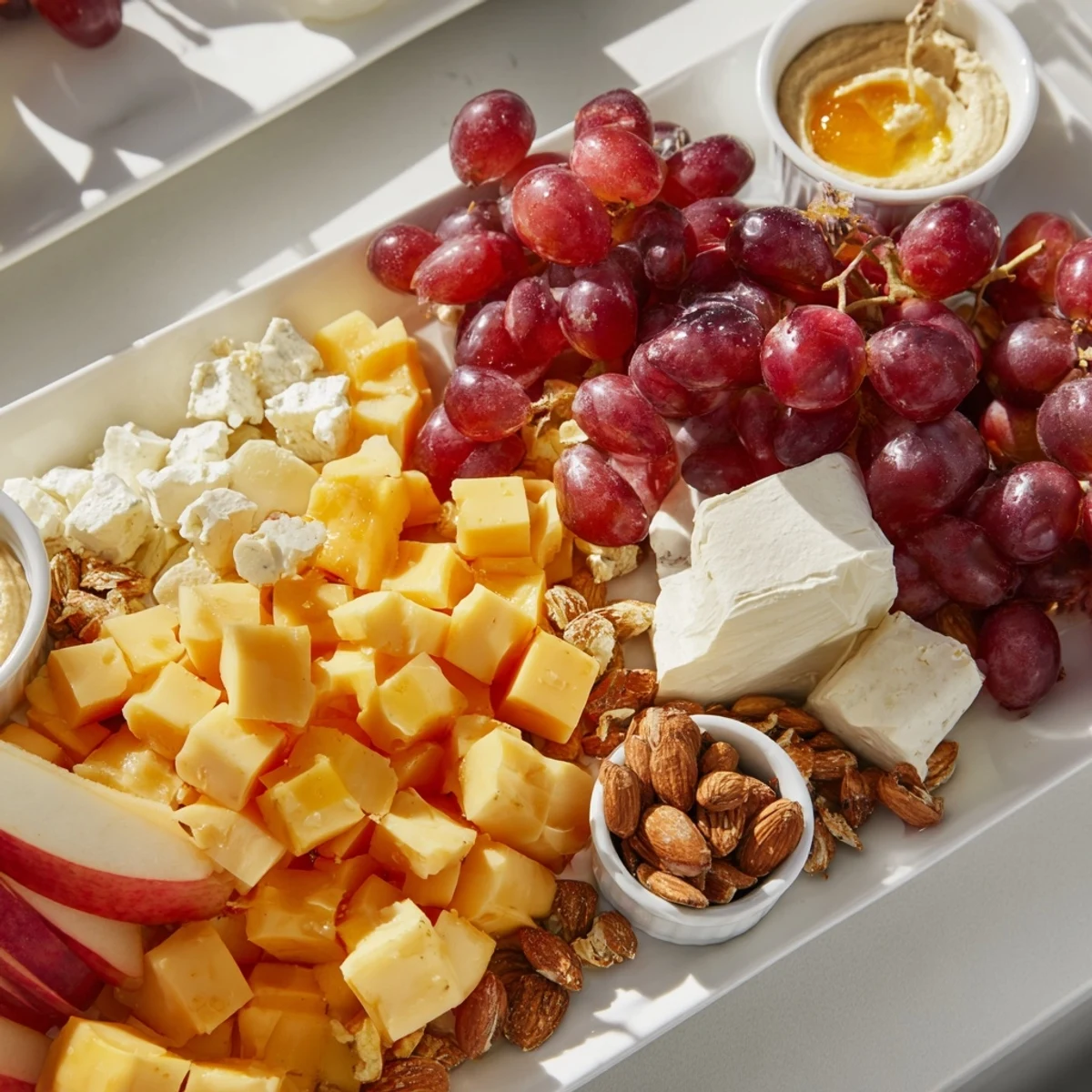 Picnic Basket Snack Board with colorful fruits, cheeses, and crackers; perfect for sharing outdoors.