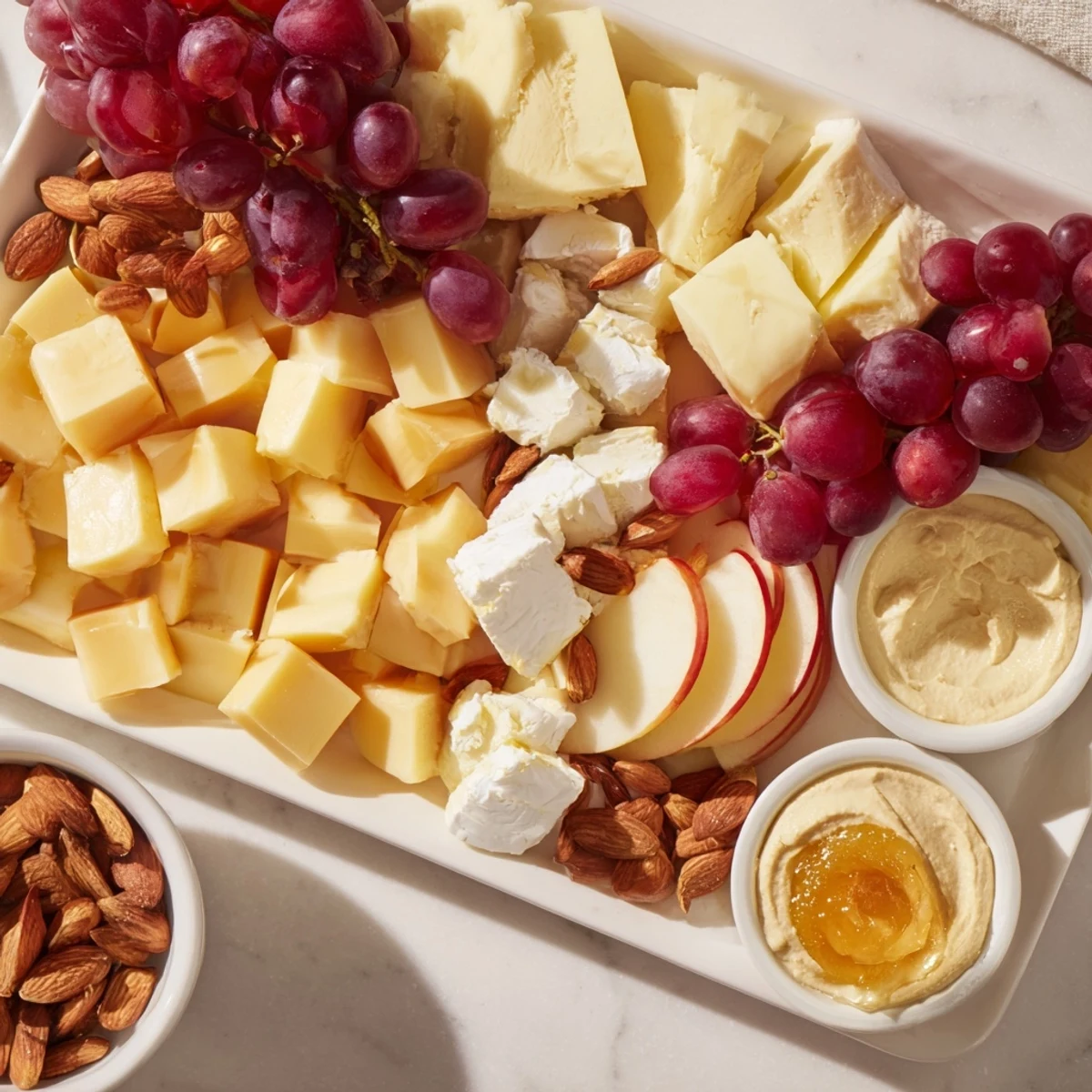 Delectable Picnic Basket Snack Board overflowing with assorted cheeses, meats, and vibrant, fresh snacks.