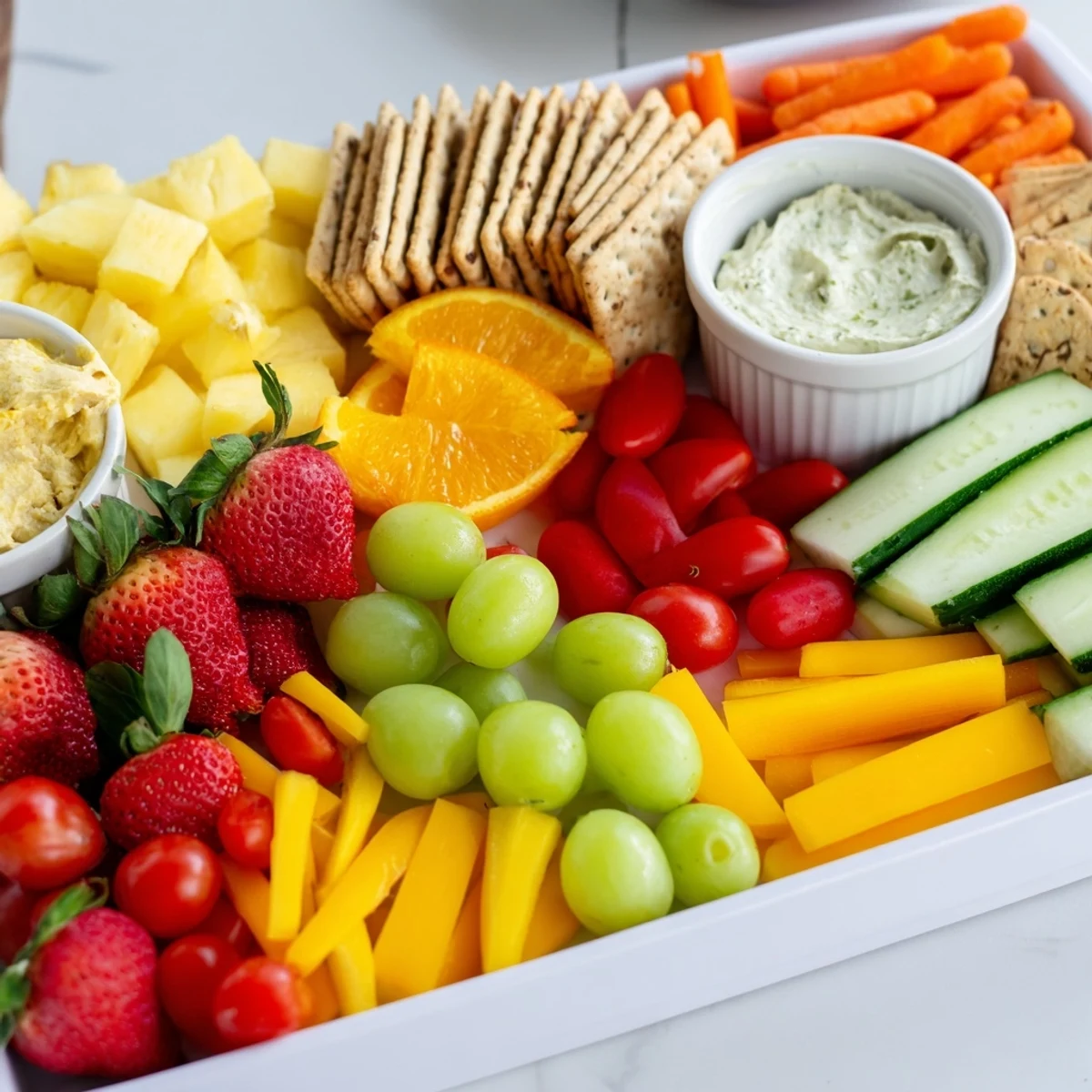 A colorful Sunshine Snack Tray overflowing with fresh fruits, veggies, cheeses, and delicious dips.