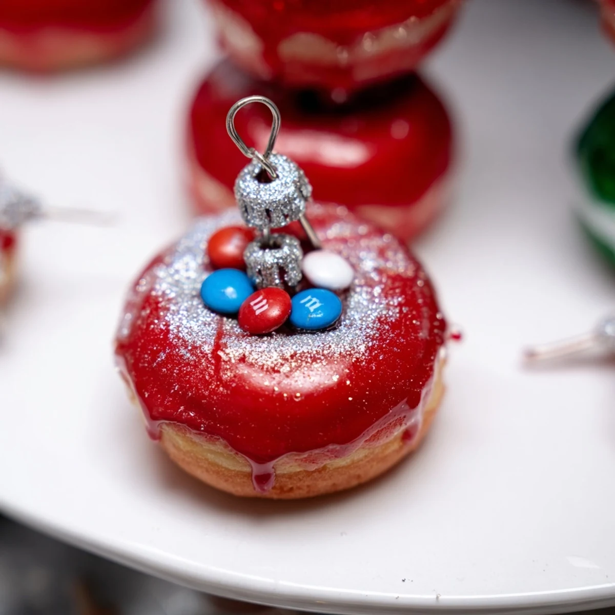 Vibrant Donut Stack Christmas Ornament Tower showcases a delicious assortment of iced mini donuts, ready to be enjoyed.