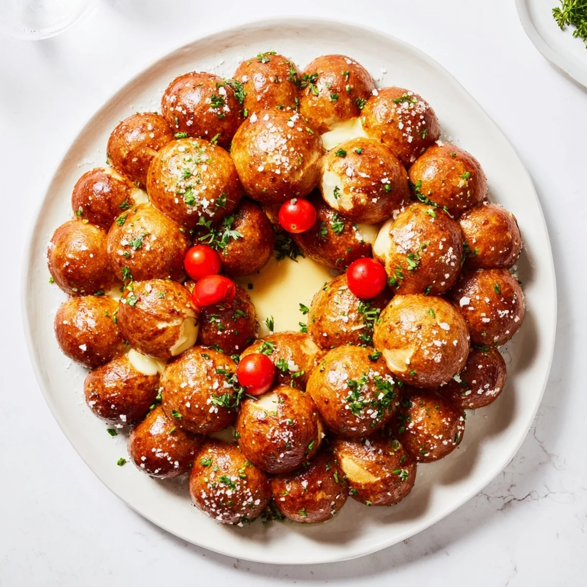 A close-up of a warm Pretzel Joy Wreath, freshly baked and garnished with vibrant parsley and tomatoes.