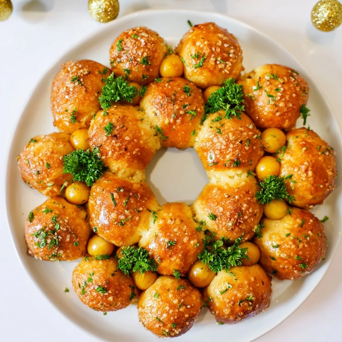 Golden, pull-apart Pretzel Joy Wreath, showcasing fluffy pretzel bites with melted cheese filling.