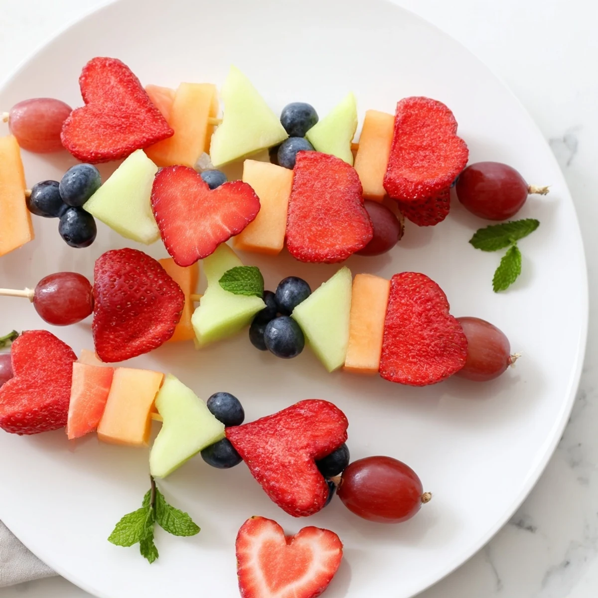 Fresh Berry Good Heart Fruit Skewers display a colorful arrangement of sweet, heart-shaped melon slices and berries.
