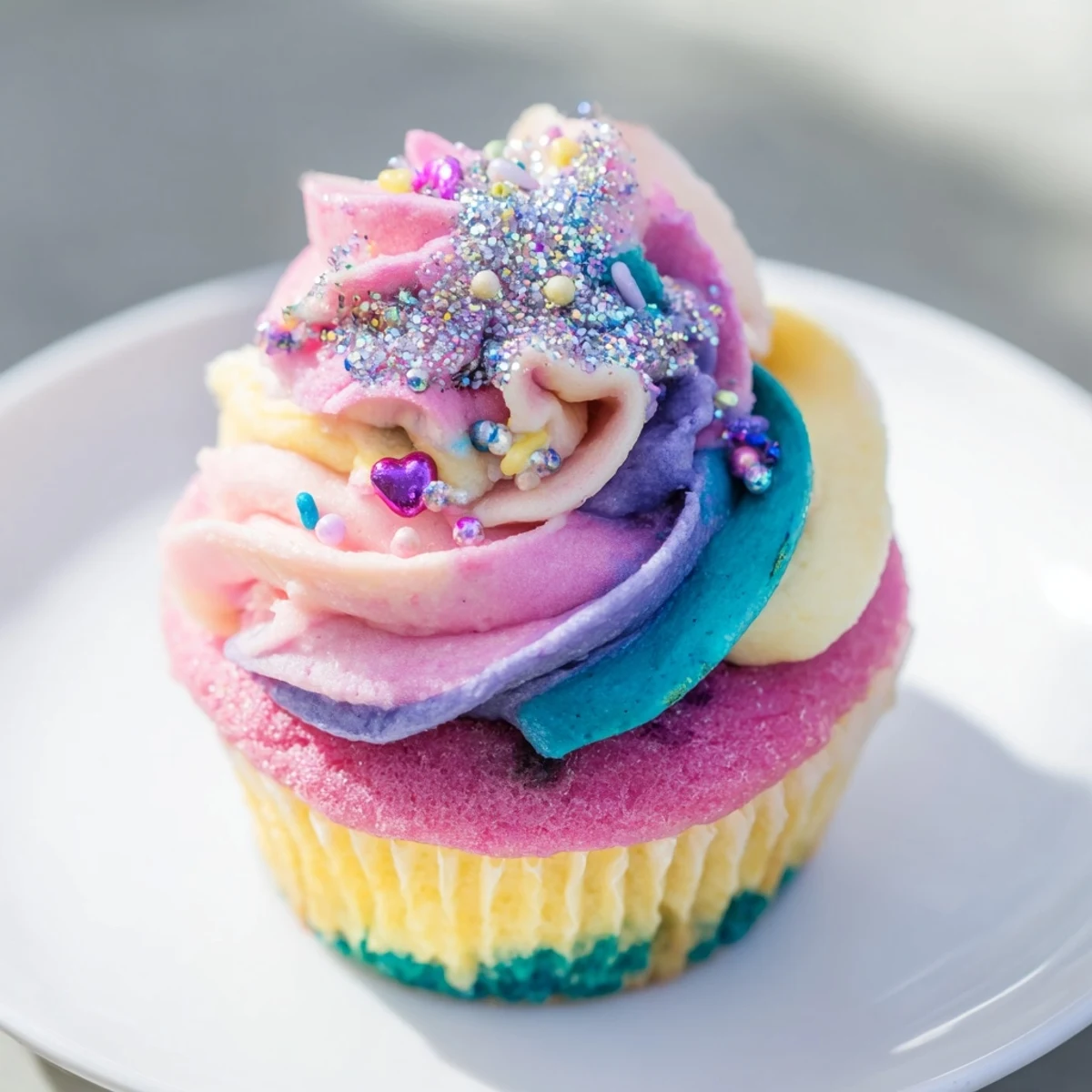 A stunning Magical Unicorn Dessert Table overflowing with colorful cupcakes, cookies, and treats.