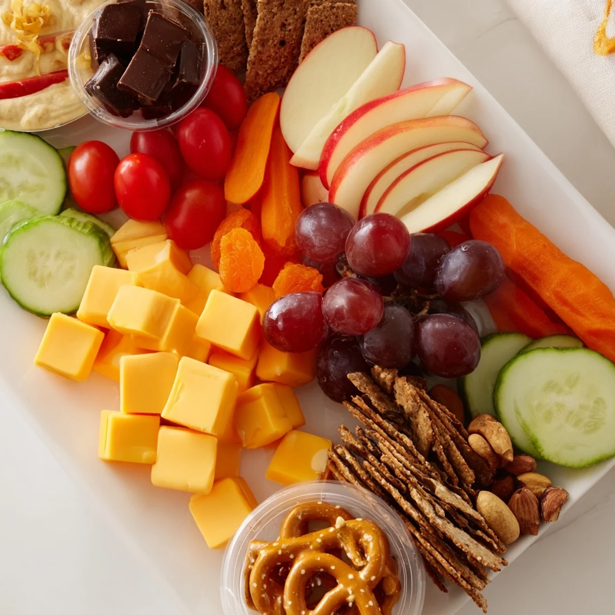 Vibrant road trip snack platter with colorful fruits, cheese cubes, and crunchy pretzels.