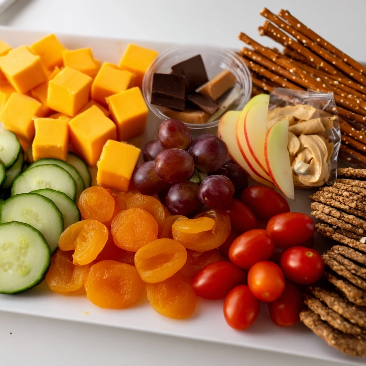 Easy-to-assemble road trip snack platter: grapes, nuts, and crackers for on-the-go enjoyment.