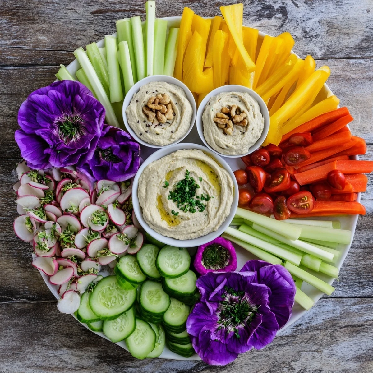 Beautiful Fairy Garden Platter with colorful flowers and crisp vegetables arranged for a spring appetizer.