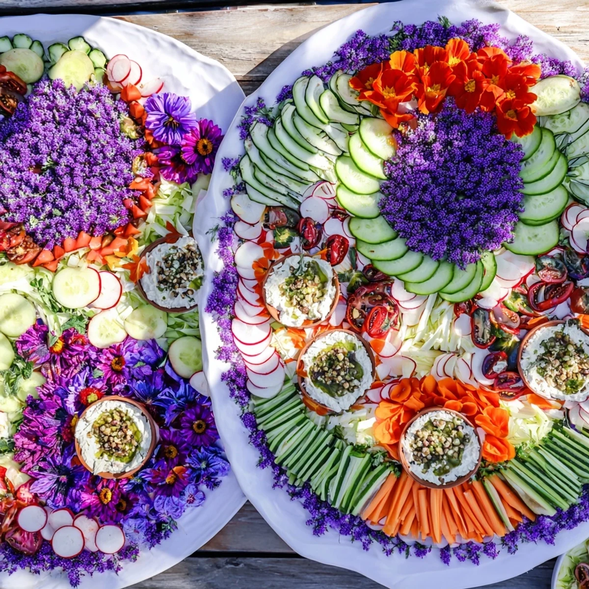 Fairy Garden Platter with vibrant edible flowers, fresh veggies and creamy dips ready to enjoy!