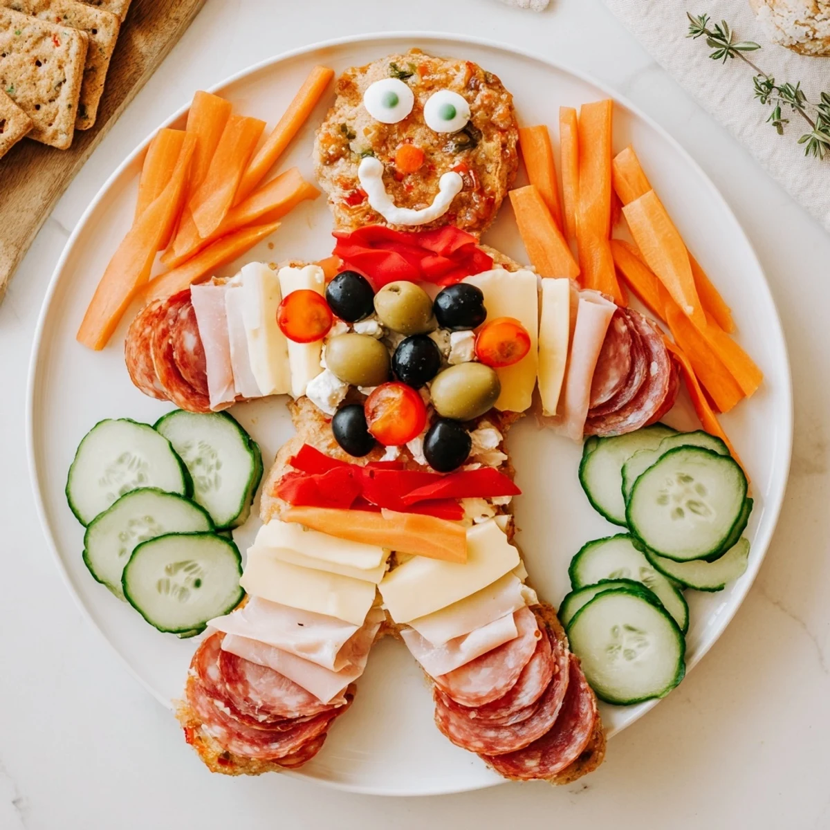 Savory Gingerbread Man Charcuterie, a festive platter with meats, cheeses, and colorful vegetable garnishes.