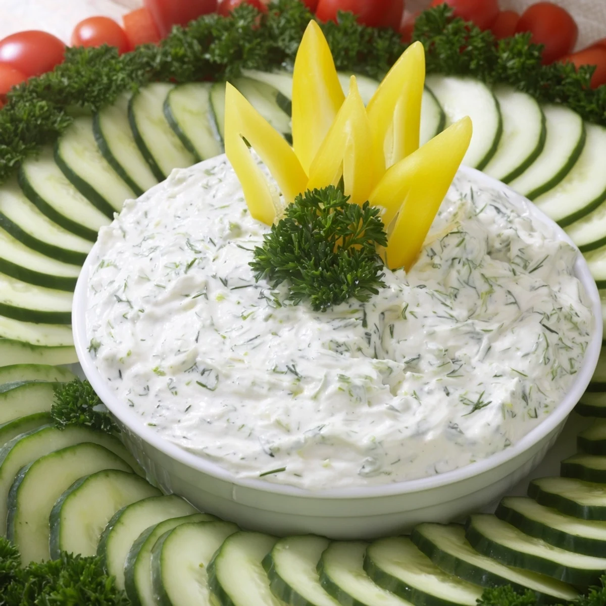 Fresh Cucumber and Tomato Tree Dip Platter, a festive vegetarian appetizer with creamy dip and vibrant veggies.