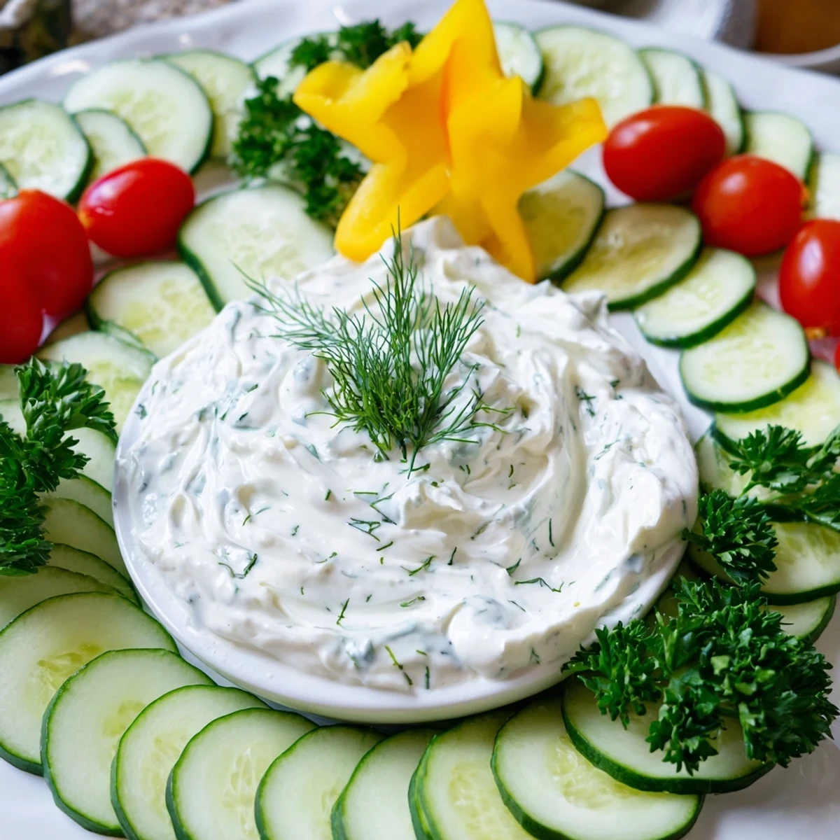 This delightful Cucumber and Tomato Tree Dip Platter displays festive tree-shaped arrangement of cucumbers, tomatoes and an creamy veggie dip.