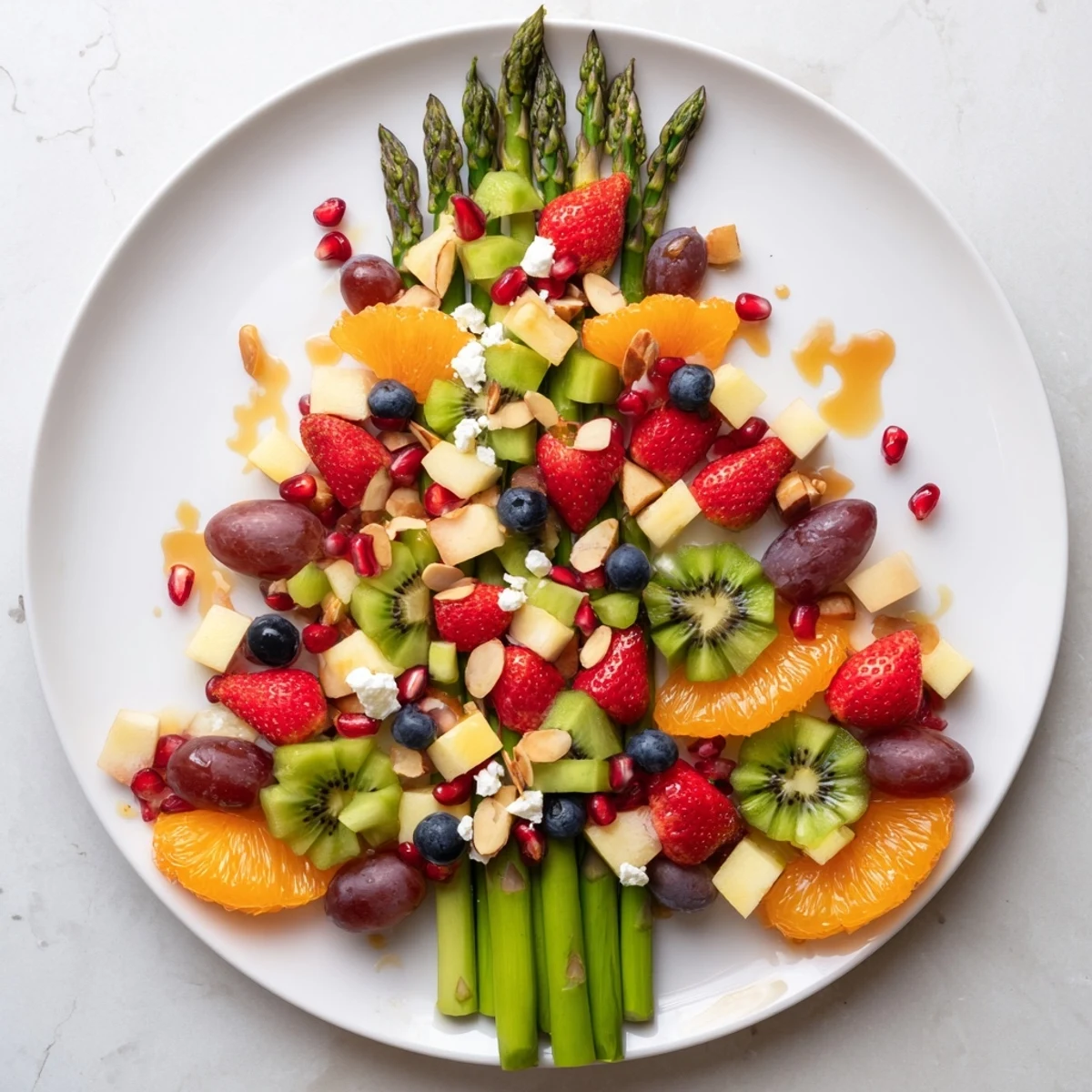 Artistic Asparagus Stem Floral Fruit Board bursting with fresh fruit and tender asparagus stems.