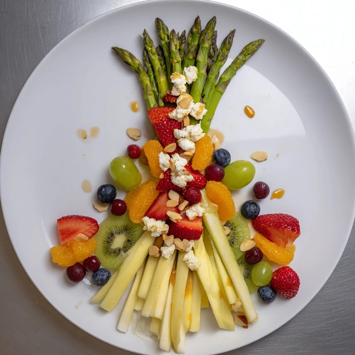 Enjoy this stunning Asparagus Stem Floral Fruit Board with a visual feast of fruit and asparagus.