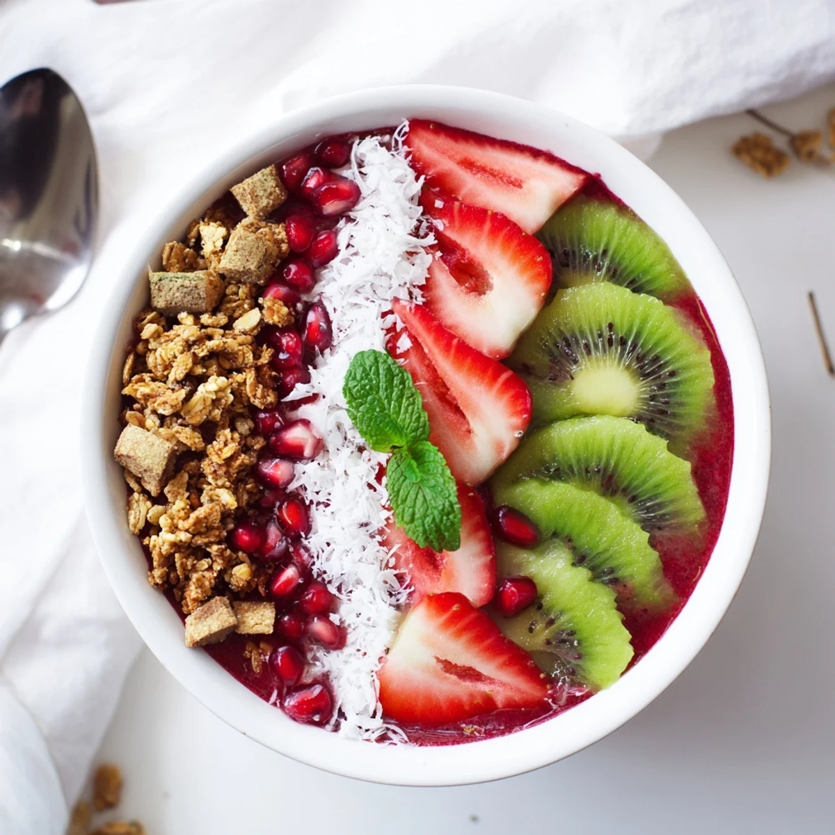 Beautiful, layered Festive Red and Green Smoothie Bowls, perfect for a refreshing, healthy breakfast or brunch.