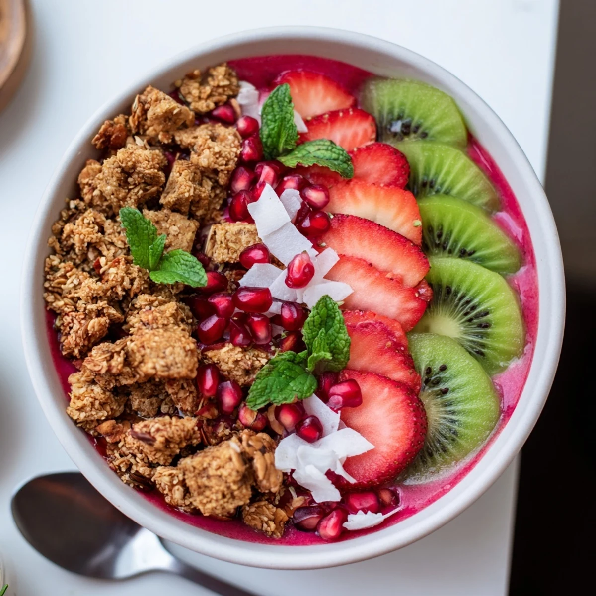 A bright overhead view of finished Festive Red and Green Smoothie Bowls, a delicious vegetarian treat.