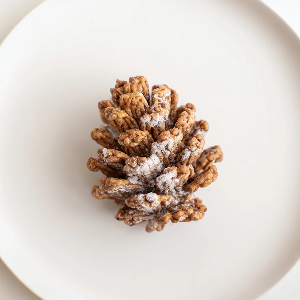 Close-up of charming, finished pinecone-shaped nut butter snacks, dusted with powdered sugar for a snowy look.