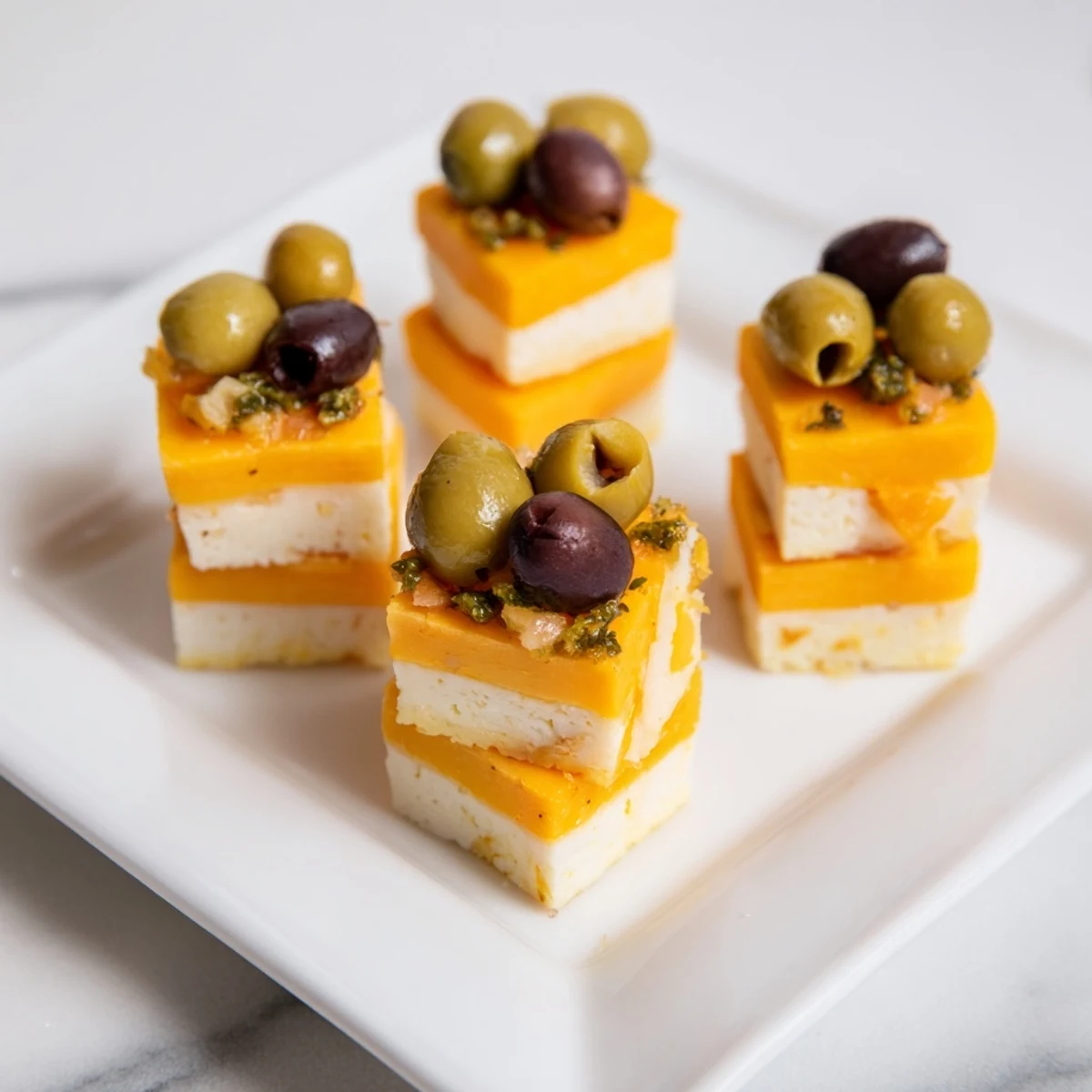 A vibrant Cheese and Olive Chess Board presenting a visually appealing appetizer on a party platter.