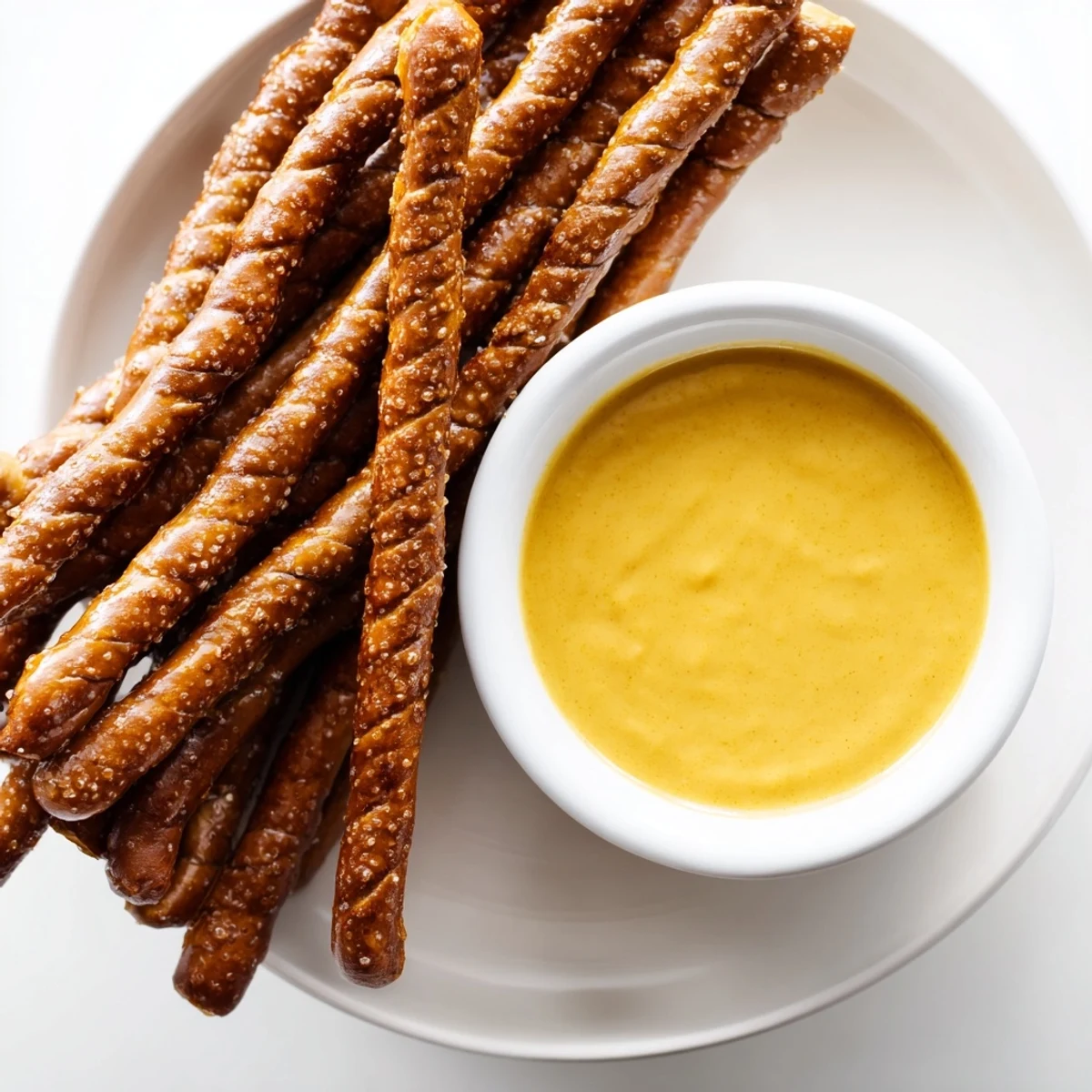 Golden-brown pretzel rods ready to be dipped into the vibrant, zesty hot mustard for a snack.