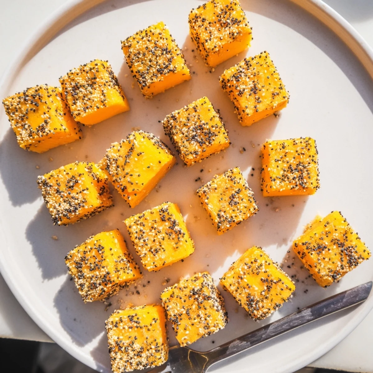 Golden-orange everything bagel seasoning cheese cubes ready to serve for a quick, savory snack.