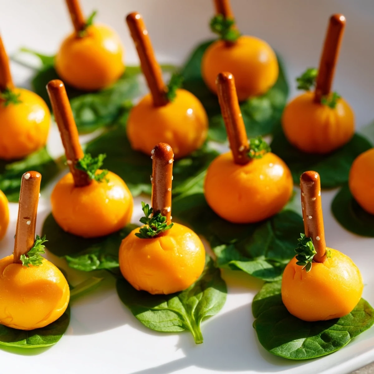Festive Pumpkin Patch Grid displays round, orange cheese balls arranged as autumn pumpkins with pretzel stems.