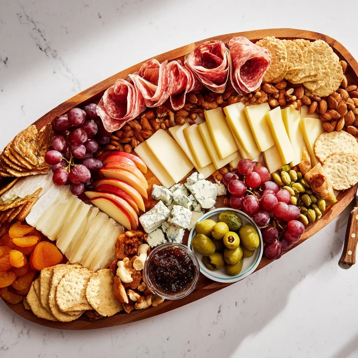 A beautifully arranged The Elegant Gilded Edge charcuterie board overflowing with grapes and artisan cheeses.